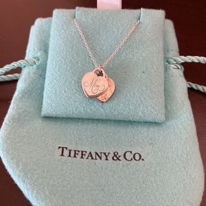 Tiffany & Co. 18” Sterling Silver double heart Mom Charm Necklace